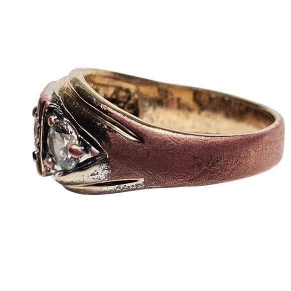 Mens Size 10 Vintage Seta 14K Gold-Plated Ring 3 Clear Stones & Textured Band - Picture 4 of 6